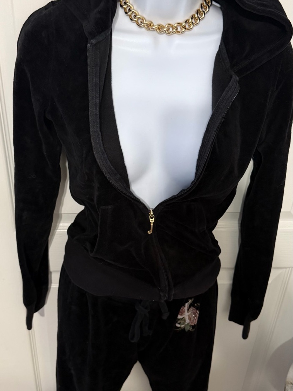 Juicy Couture Black Velour Track Jacket & Joggers Set with Gold Hardware